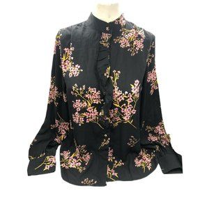 Who What Wear Women's Floral Blouse Buttoned, Ruffled Front, Long Sleeve New XS